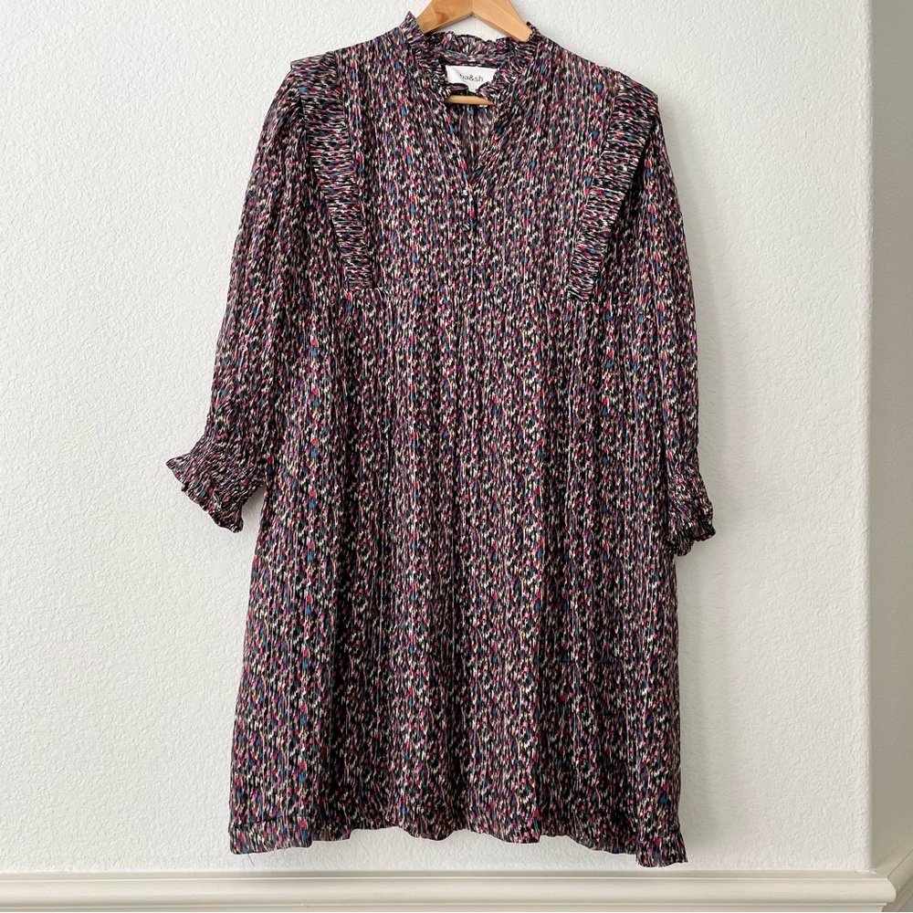 Ba&sh Dress Robe Deep Abstract Print Silk Metallic Blouson Sleeve Tuckernuck - Picture 3 of 11